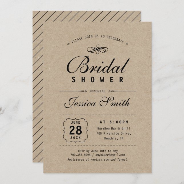Rustic Black & Kraft | Elegant Bridal Shower Invitation (Front/Back)