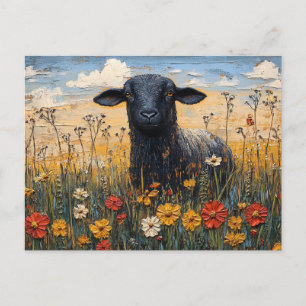 Rustic Black Lamb with Wildflowers Art Postcard
