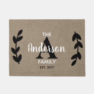 Rustic Black Laurels Faux Burlap & Family Name Doormat