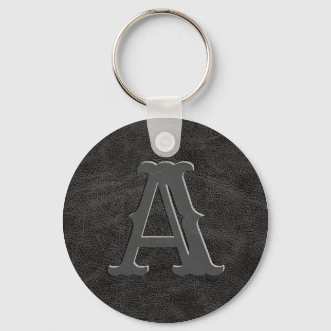 Rustic Black Leather Texture Monogram Initial Key Ring (Front)