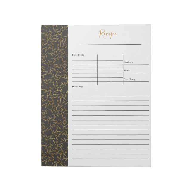 Rustic Black Linen and Gold Leaf Blank Recipe Notepad (Rotated)
