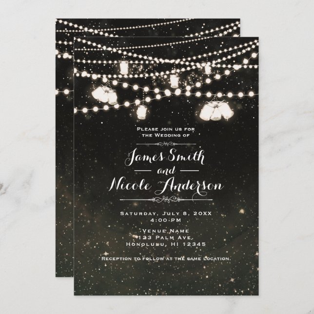 Rustic Black Night Sky Mason Jar Lights Wedding Invitation (Front/Back)