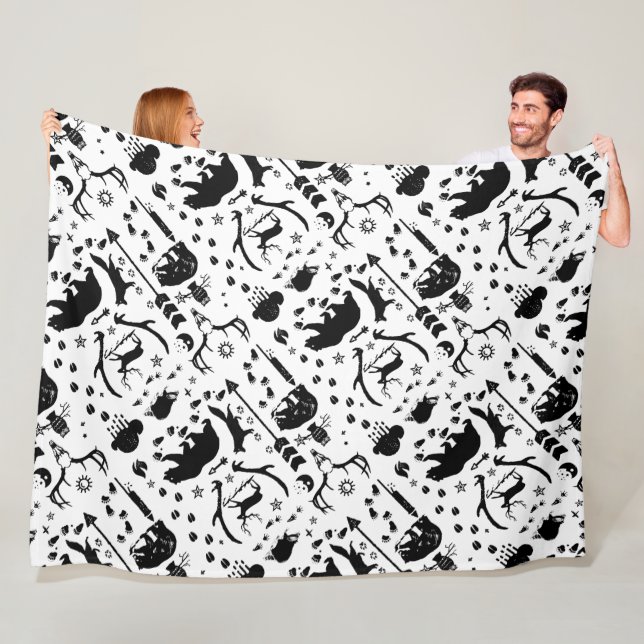 Rustic Black Owl Bear Deer Fox Woodland Pattern Fleece Blanket (In Situ)