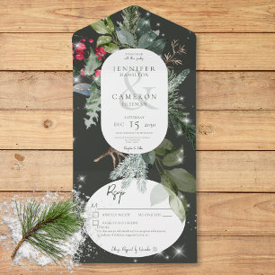 Rustic Black Pine & Holly Winter Sparkle Details All In One Invitation