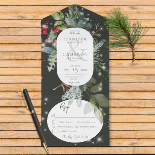 Rustic Black Pine & Holly Winter Sparkle Dinner All In One Invitation