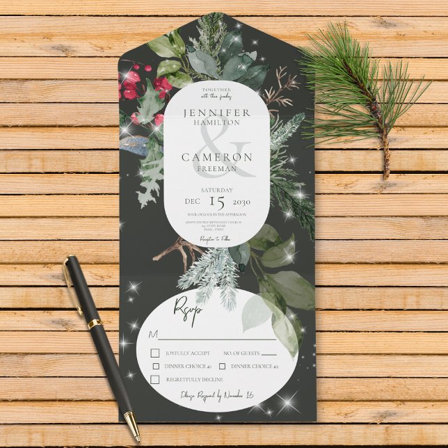 Rustic Black Pine & Holly Winter Sparkle Dinner All In One Invitation (Also available with a QR code or without dinner selection options.)