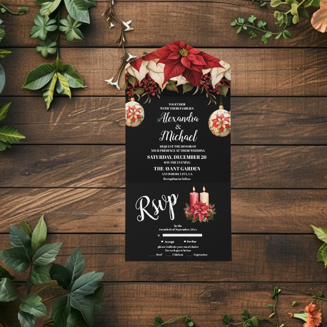 Rustic Black Poinsettia Floral Christmas Wedding   All In One Invitation (Creator Uploaded)
