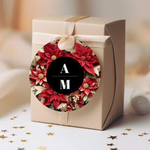 Rustic Black Poinsettia Floral Christmas Wedding Classic Round Sticker