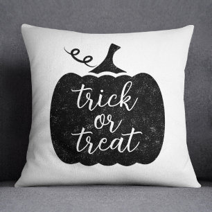 Rustic Black Pumpkin Trick or Treat Script Cushion