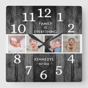 Rustic Black Reclaimed Wood 4 Photo Family Quote   Square Wall Clock