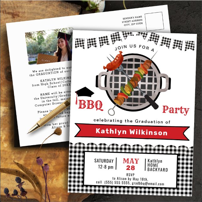 Rustic Black Red Plaid Photo Graduation BBQ Party Invitation Postcard (Creator Uploaded)