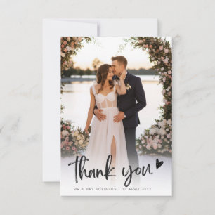 rustic black script heart newlyweds wedding photo thank you card