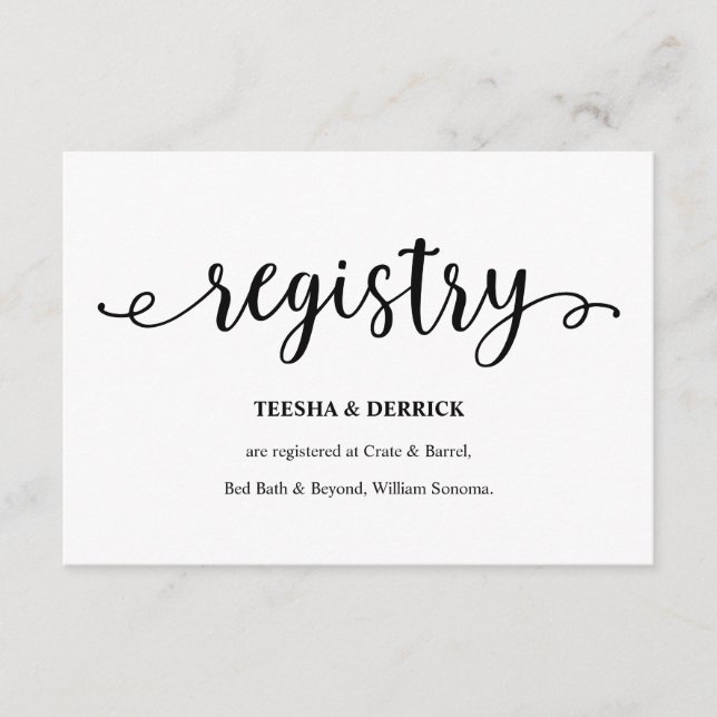 Rustic black script, Wedding Registry Enclosure Card (Front)