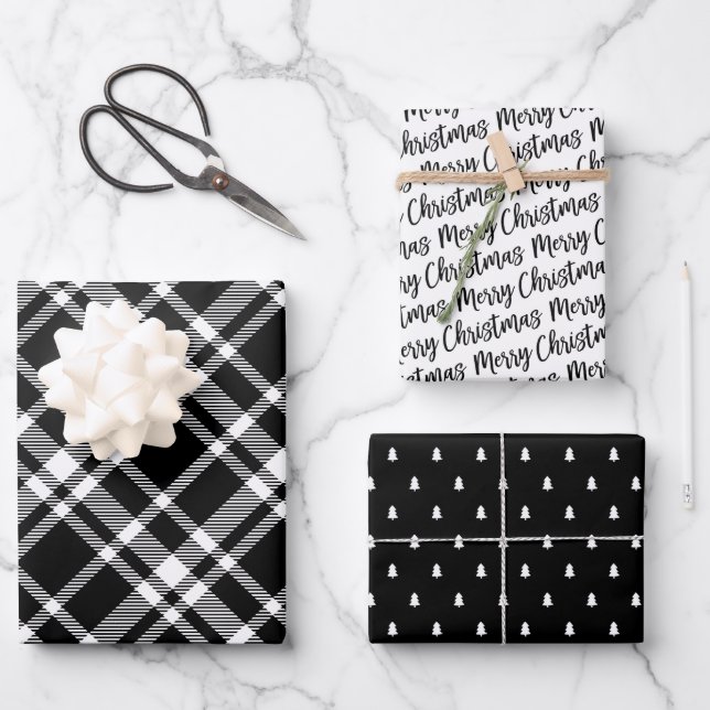 Rustic Black Tartan Plaid Merry Christmas Pattern Wrapping Paper Sheet (Front)