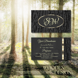 Rustic Black Tree Bark Oval Gold Border Monogram Business Card