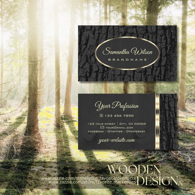 Rustic Black Tree Bark Wood Grain Oval Gold Border Business Card (Creator Uploaded)