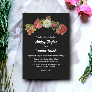 Rustic Black Watercolor Floral Elegant Wedding Invitation