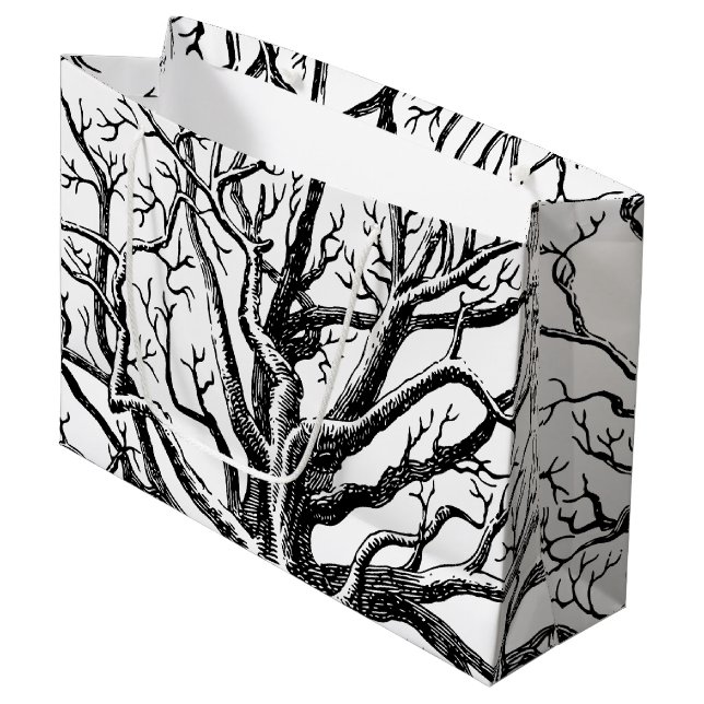 Rustic Black & White Abstract Tree Branches Large Gift Bag (Front Angled)