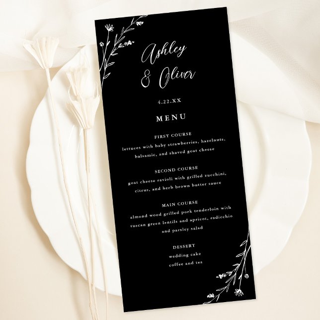 Rustic Black & White Botanical Wedding Menu Card (Creator Uploaded)