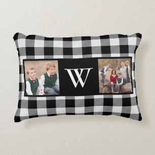 Rustic Black White Buffalo Check 2 Photo Monogram Decorative Cushion