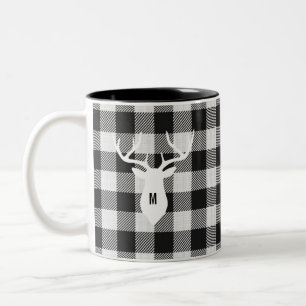 Rustic Black White Buffalo Check Deer Monogrammed Two-Tone Coffee Mug