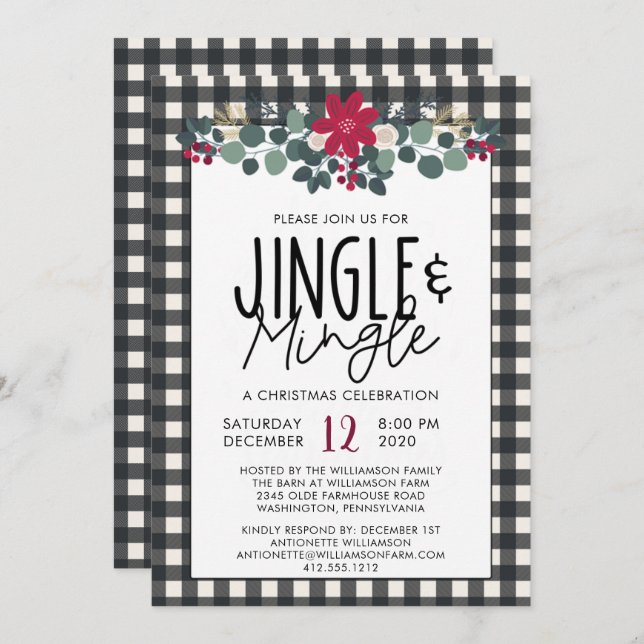 Rustic Black White Buffalo Plaid Christmas Party Invitation (Front/Back)
