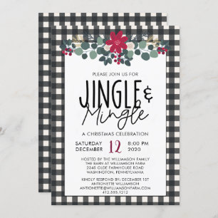 Rustic Black White Buffalo Plaid Christmas Party Invitation