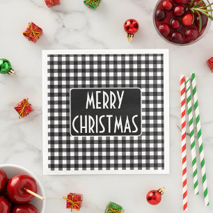 Rustic Black & White Buffalo Plaid Merry Christmas Napkin