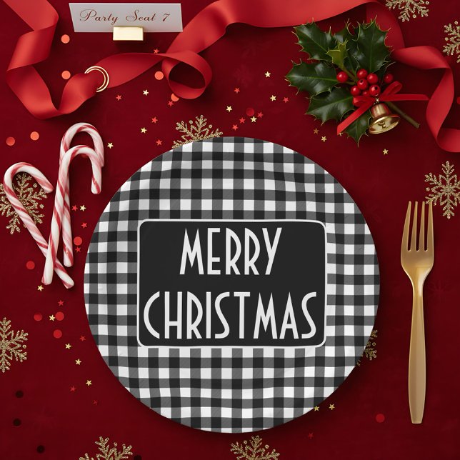 Rustic Black & White Buffalo Plaid Merry Christmas Paper Plate (Creator Uploaded)