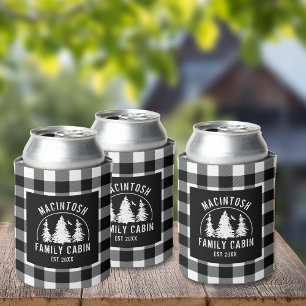 Rustic Black White Buffalo Plaid Woods Personalise Can Cooler