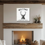 Rustic Black White Deer Welcome  Canvas Print<br><div class="desc">This sign is simple in design, but a statement all on its own. The sign has a soft white background, with a soft black design. The text resembles paint brush strokes for a vintage look. Personalise it with your family name. Perfect for the cabin or camp, as well as modern,...</div>