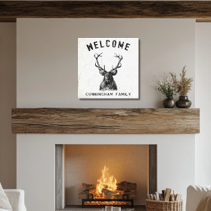 Rustic Black White Deer Welcome  Canvas Print
