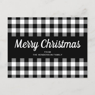 Rustic Black White Gingham Checks Merry Christmas Postcard