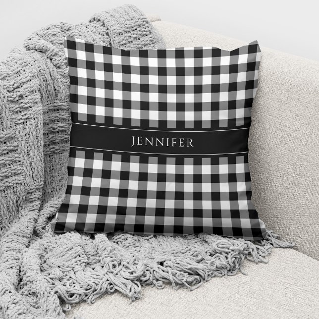 Rustic Black & White Gingham Pattern Name Cushion (Creator Uploaded)