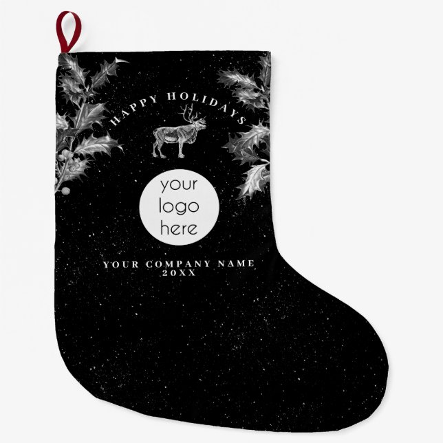 Rustic Black White Holiday Business Logo Christmas Large Christmas Stocking (Front)