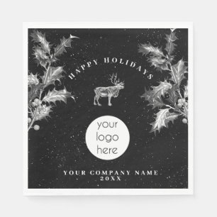 Rustic Black White Holiday Business Logo Christmas Napkin