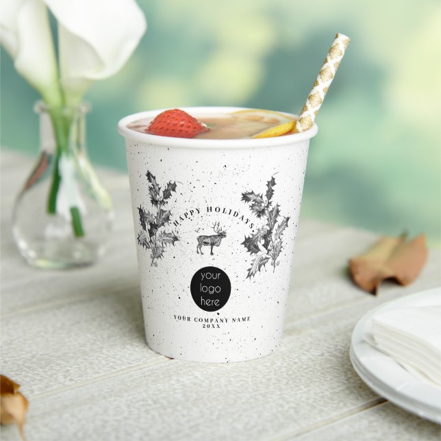 Rustic Black White Holiday Business Logo Christmas Paper Cups (Insitu)