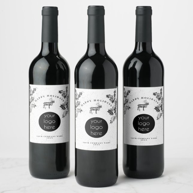 Rustic Black White Holiday Business Logo Christmas Wine Label (Bottles)