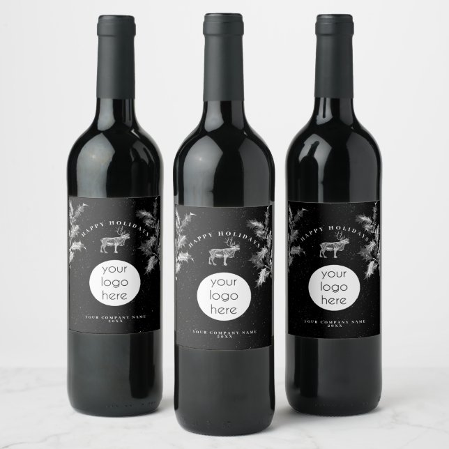 Rustic Black White Holiday Business Logo Christmas Wine Label (Bottles)