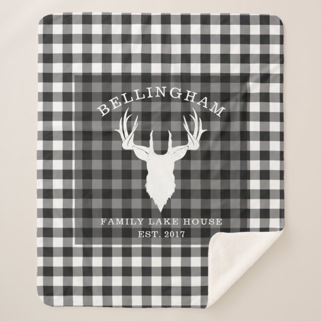 Rustic Black White Lake House Plaid Family Sherpa Blanket (Front)