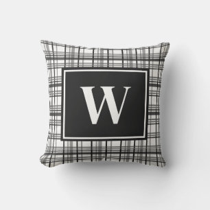 Rustic Black & White Plaid Monogram Cushion