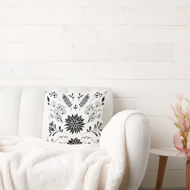 Rustic Black White Vintage Modern Floral Cushion (Couch)