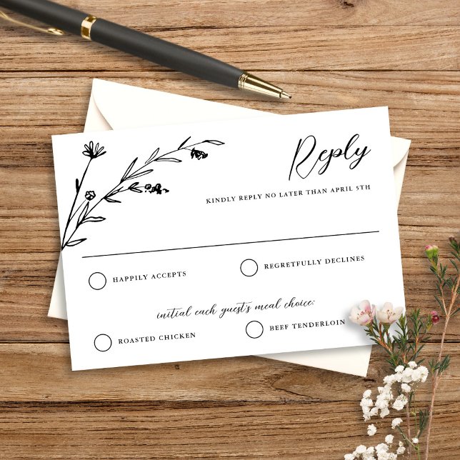 Rustic Black & White Wildflower Wedding RSVP Card (Creator Uploaded)