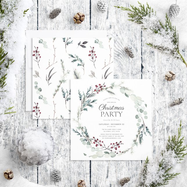 Rustic Black Winter Botanical Wreath Holiday Party Invitation (Creator Uploaded)