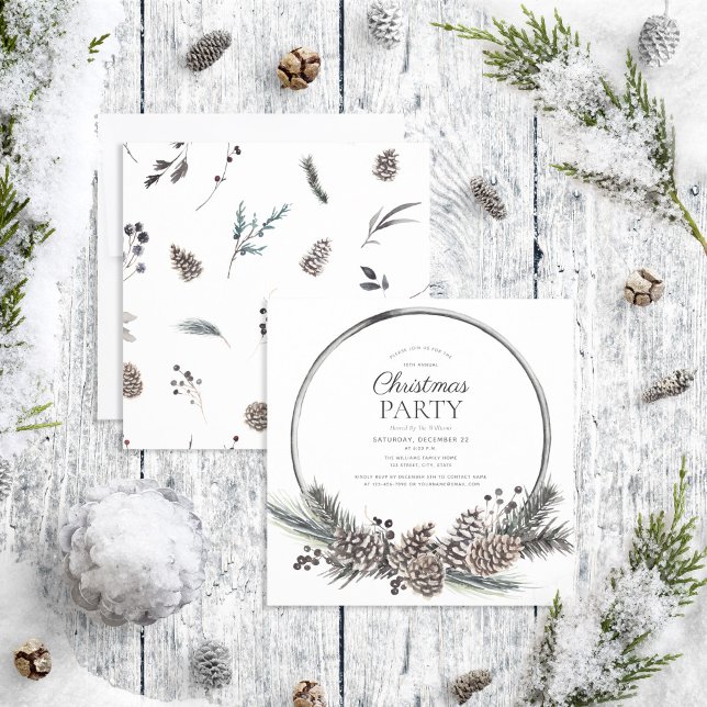 Rustic Black Winter Pinecone Wreath Holiday Party Invitation (Creator Uploaded)