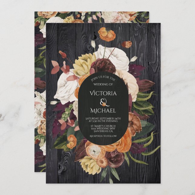 Rustic Black Wood Autumn Floral Wreath Wedding Invitation (Front/Back)