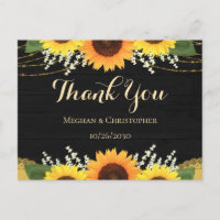 Rustic Black Wood Gold Sunflower Wedding Thank You