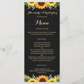 Rustic Black Wood Lights Lace Sunflower Wedding Menu
