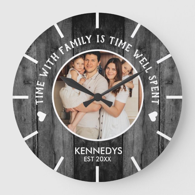 Rustic Black Wood One Photo Family Time Quote Large Clock (Front)