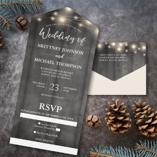 Rustic Black Wood String Light Wedding Song All In One Invitation